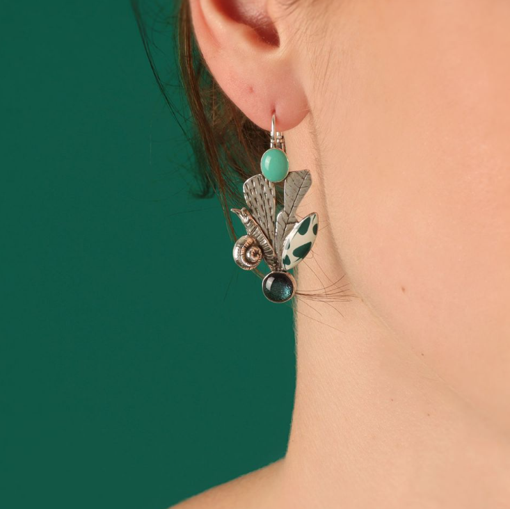 Taratata French Earrings // Green // Lever back leaf and snail drops